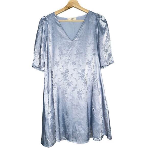 Momni Satin Floral Embroidered Mini Dress Baby Blue Pockets Size Small - Picture 1 of 6